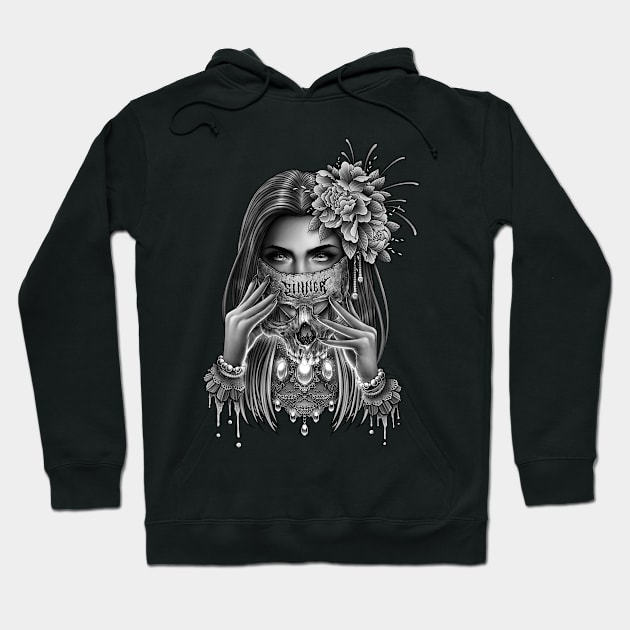 Skull Mask and Peony Flower Hoodie by LillyRise